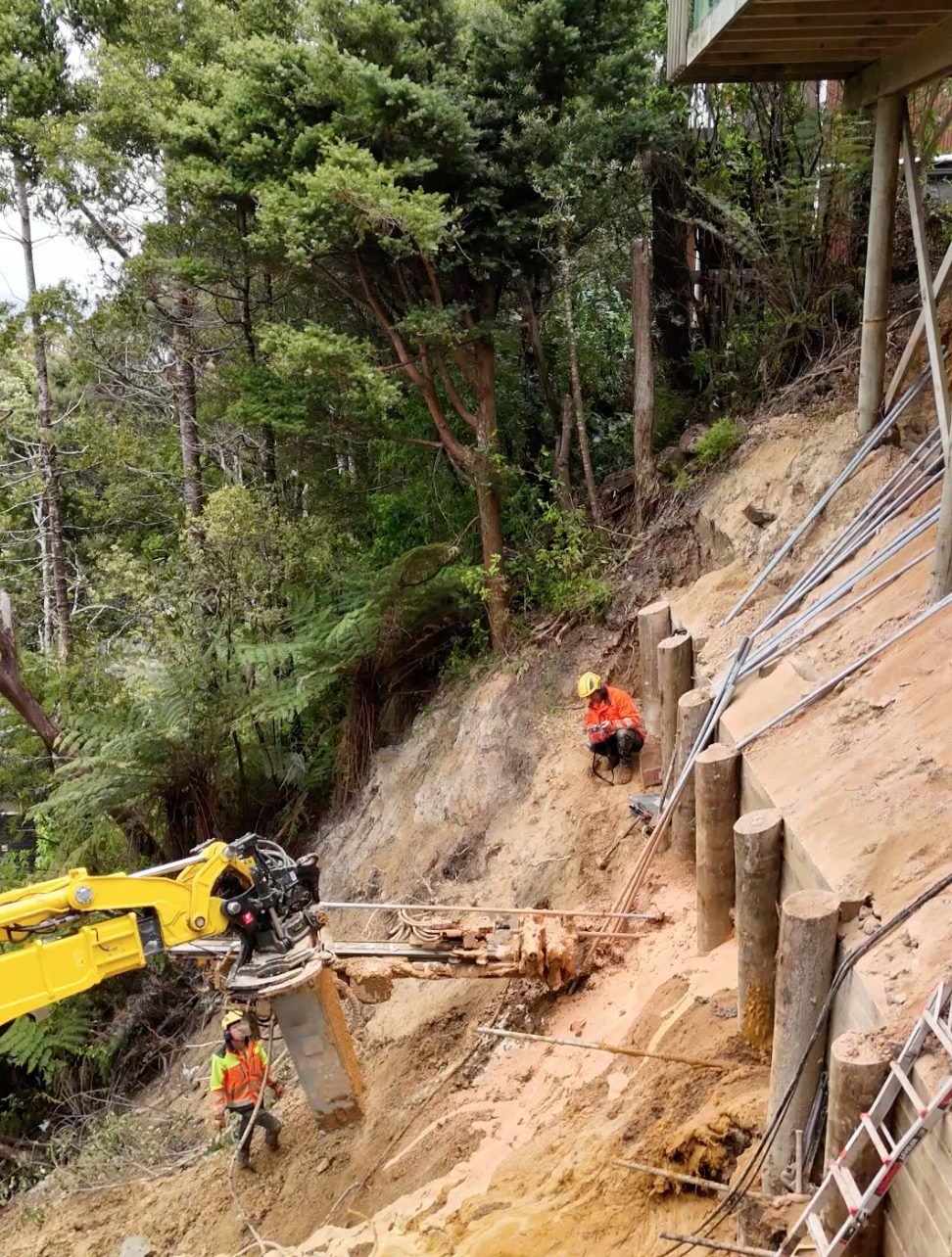Anchored pile wall under construction at Beach Haven
